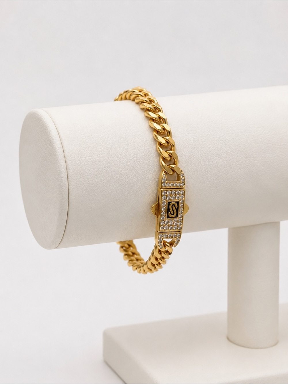 Gold-Tone Cuban Link Bracelet | Monaco Lock | Pavé CZ | 7.25”
